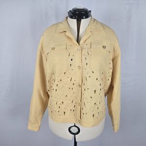 220 Hickory Silk Jacket Women's M Yellow Eyelet Embroidery Detail Buttons Collar